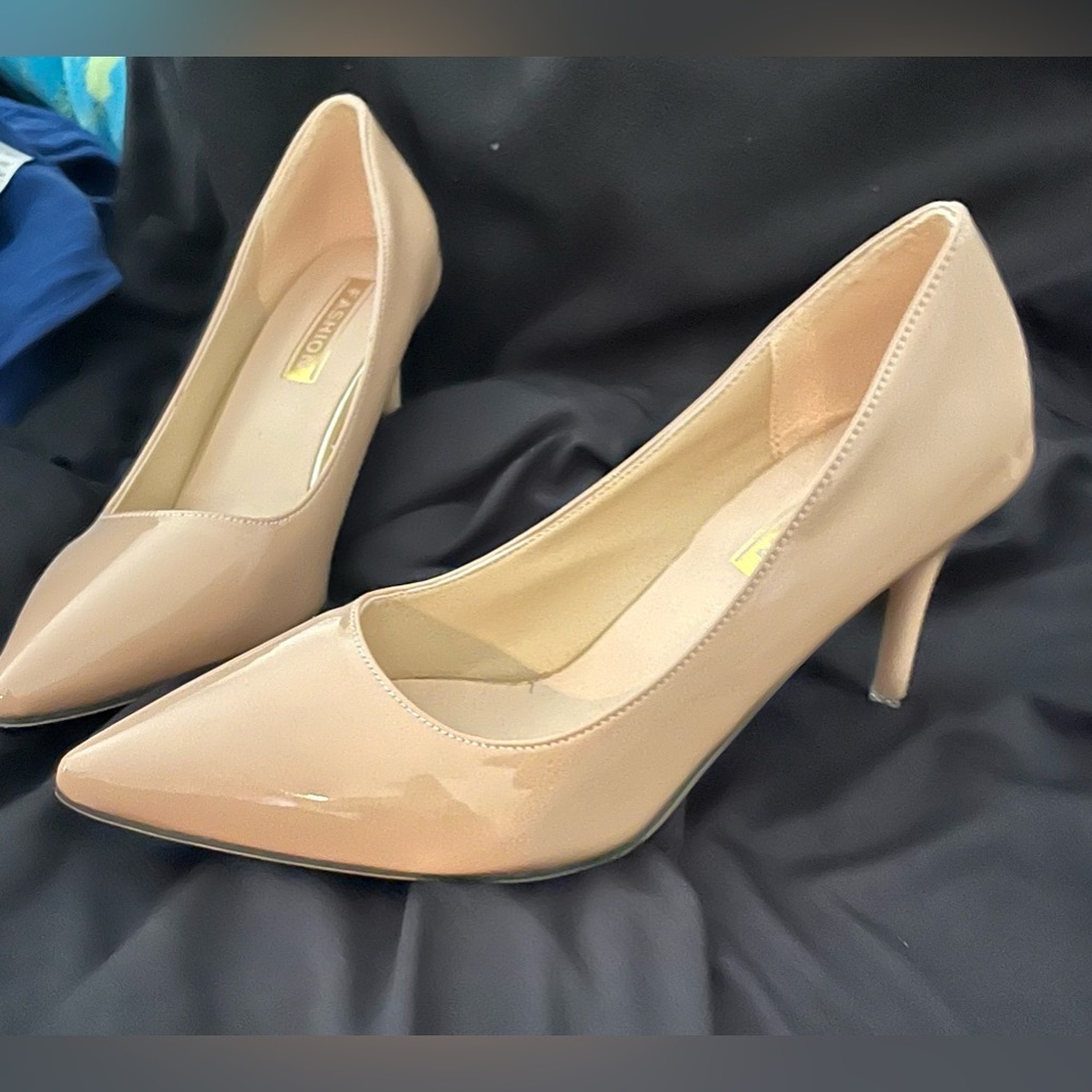 Taupe formal 2” heel pump.